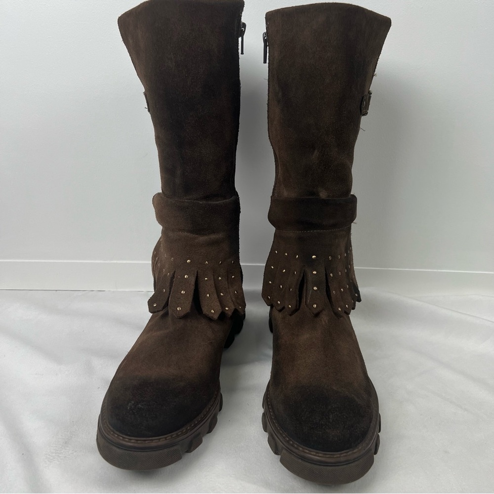 Manas Brown Suede Studded Biker Boots With Fringe Women’s EU 40/ US 9.5 - Picture 7 of 10